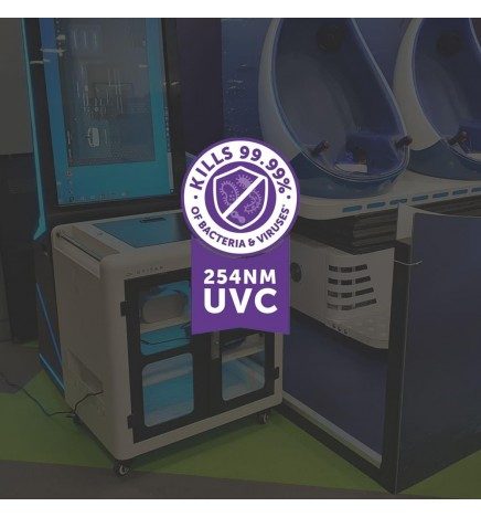 armoire de désinfection UVISAN VR 12 pour casques et accessoires vr tue à 99,99% virus et bactéries. Immersive display.